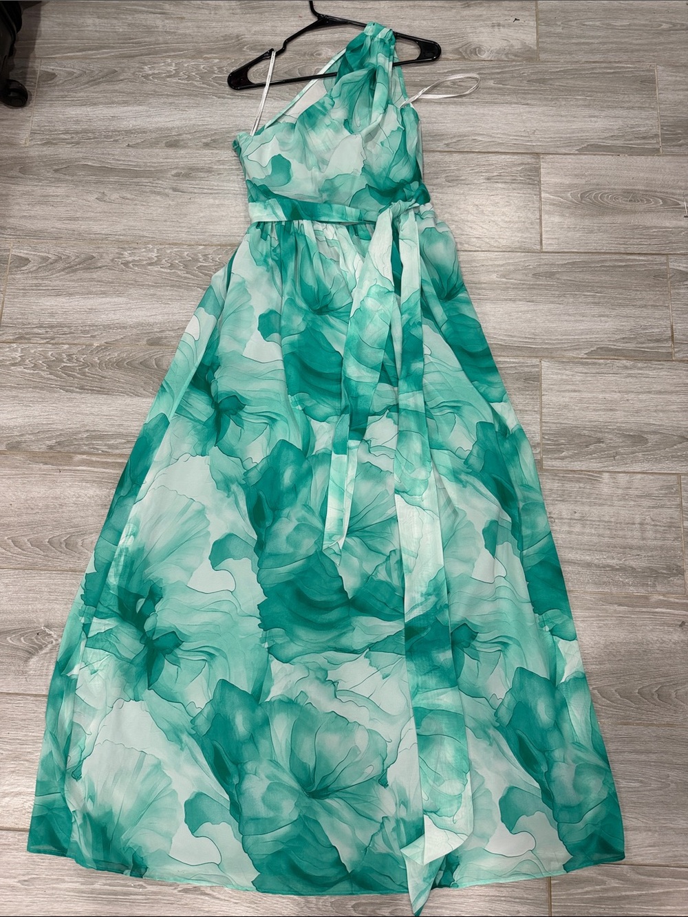 New Donna Karan One-Shoulder Green Floral Chiffon Maxi Dress gown size 6